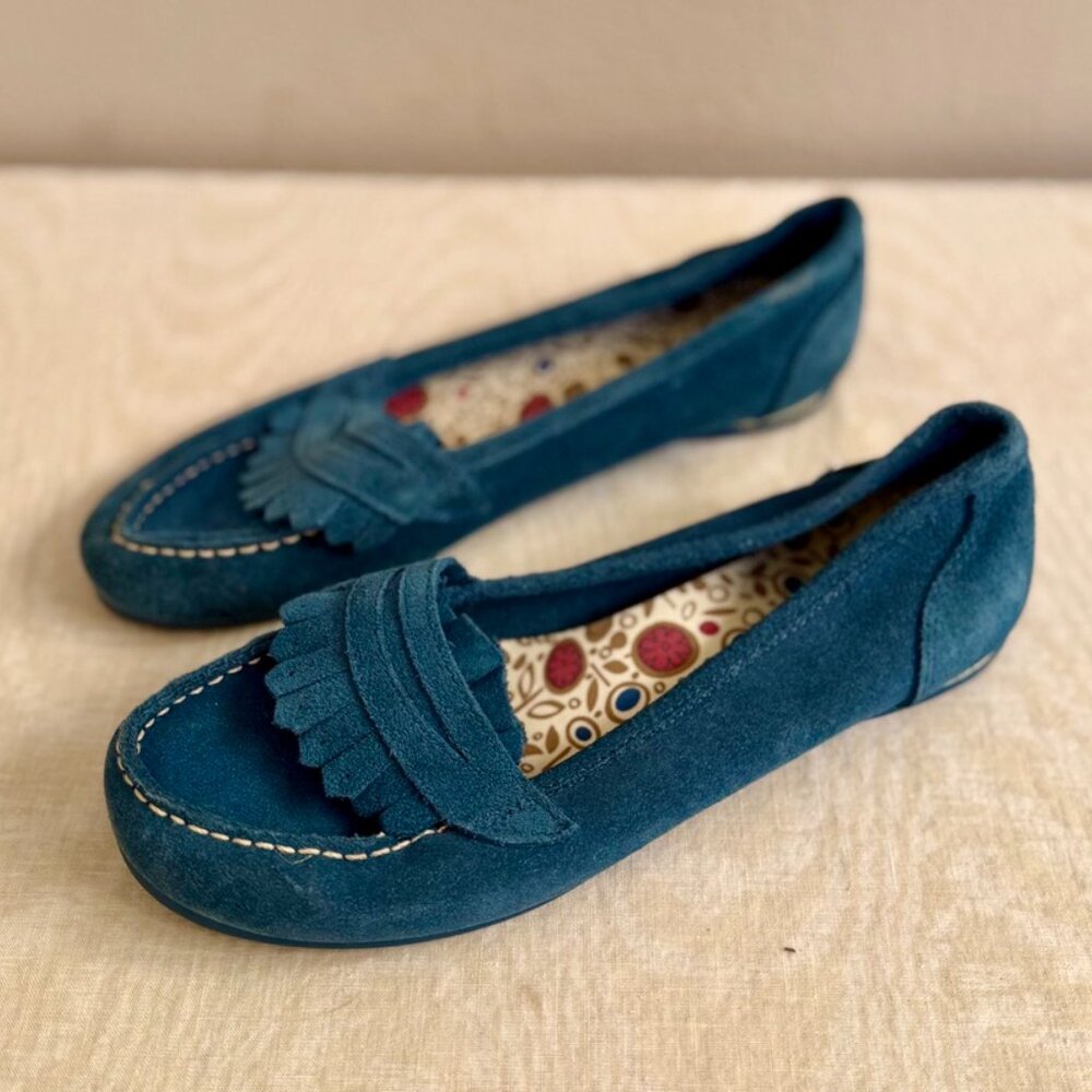 Predictions Blue Suede Moccasin Flats w Fringe Women’s 6.5 Casual Boho